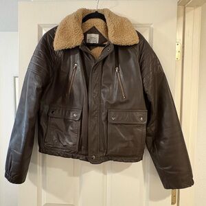 Vintage Brown Leather Bomber Jacket with Tan Shearling Collar